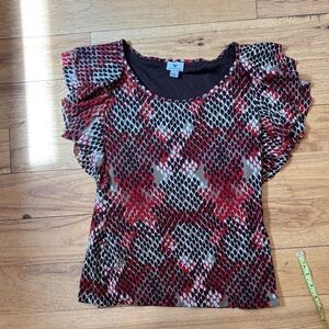 W by Worth Red Black and White Patterned Ruffle Sleeve Top